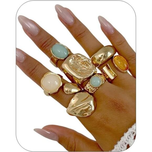 Vintage Boho Statement Ring Set – 6-8 Stackable Gold-Tone Rings - Picture 3 of 5